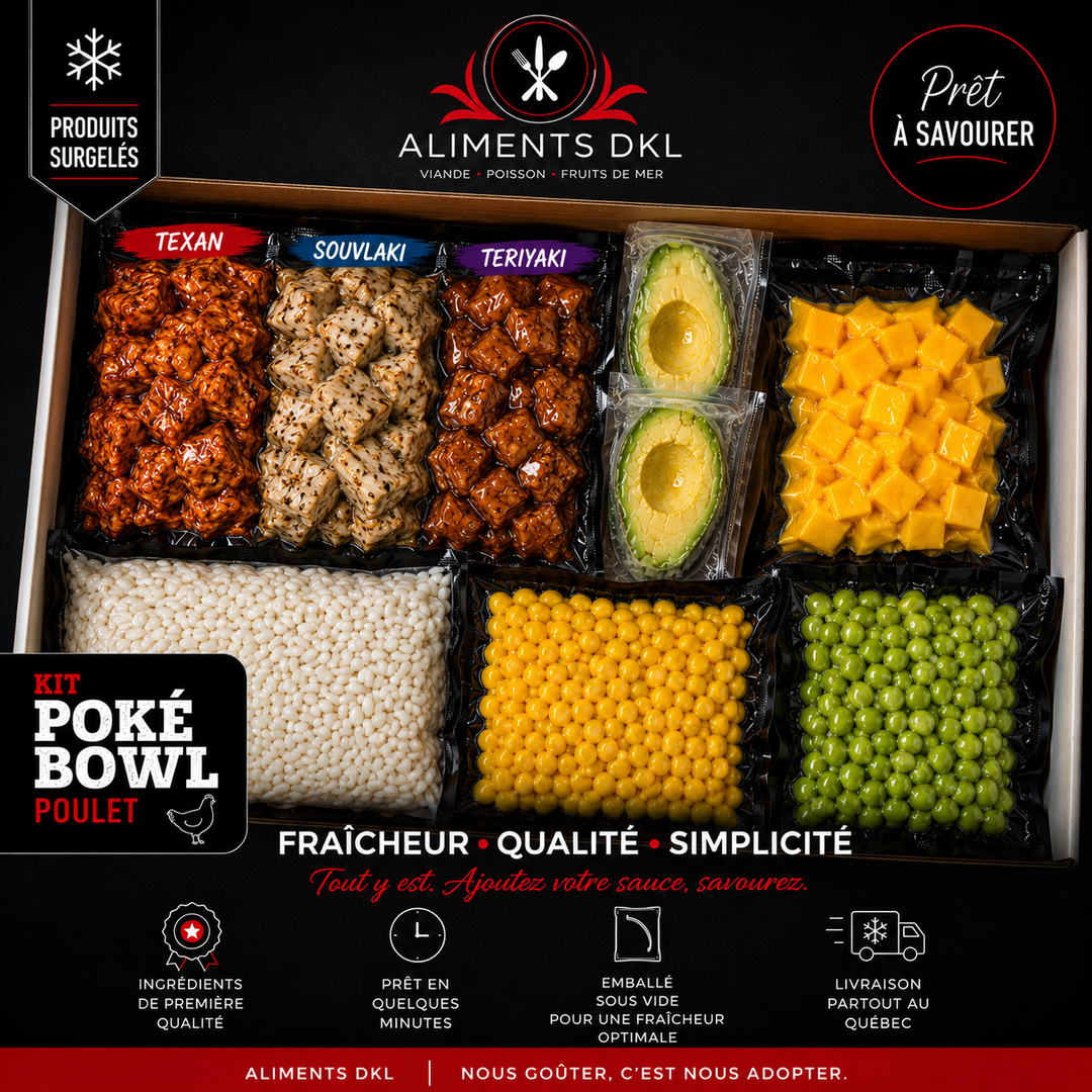 Kit Poké Bowl Poulet Premium Aliments DKL avec poitrine de poulet marinée Texan, Souvlaki ou Teriyaki, riz collant, avocat, mangues, maïs et edamames emballés sous vide et surgelés.