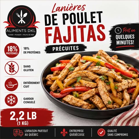 Lanières de poitrine de poulet fajitas précuites, entièrement cuites, sans gluten et riches en protéines, offertes en format de 2,2 lb par Aliments DKL avec livraison partout au Québec.