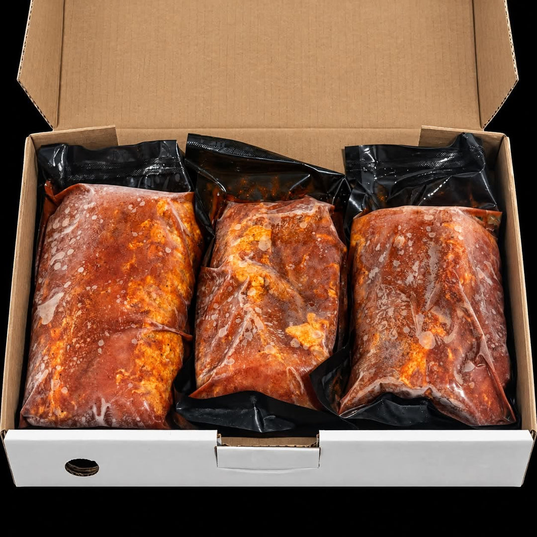Longe de porc BBQ marinée et surgelée Aliments DKL, emballée sous vide, idéale pour la cuisinière ou le barbecue.
