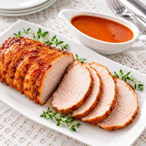 Longe de porc marinée BBQ cuite et tranchée, servie avec sauce BBQ, offerte par Aliments DKL au Québec.