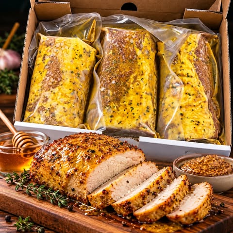Longe de porc miel et moutarde marinée et surgelée Aliments DKL, emballée sous vide, avec présentation cuite et tranchée.