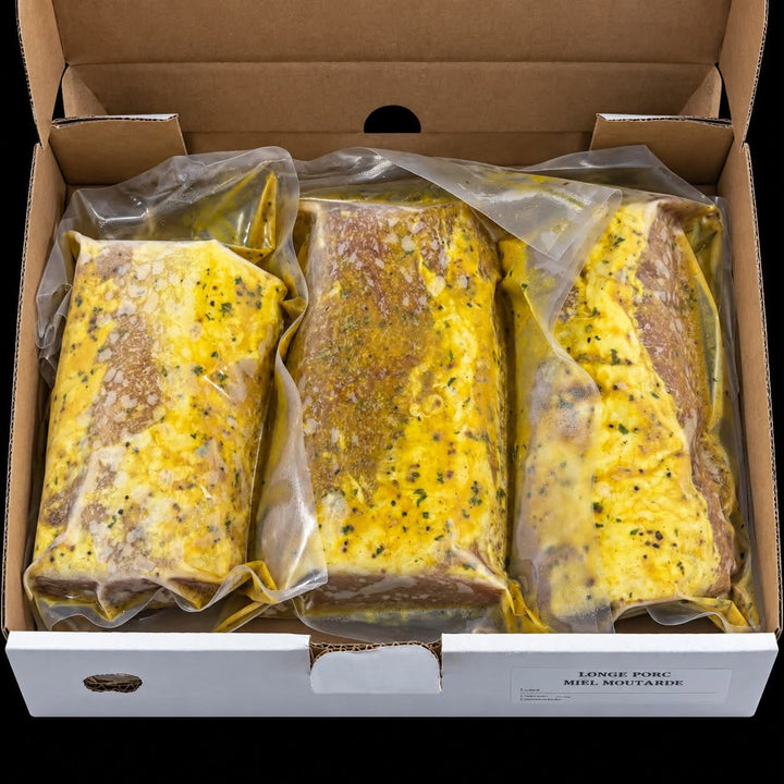 Longe de porc miel et moutarde marinée et surgelée Aliments DKL, emballée sous vide