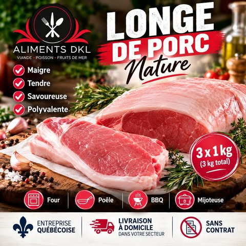 Longe de porc nature surgelée / congelée en format 3 x 1 kg – Aliments DKL
