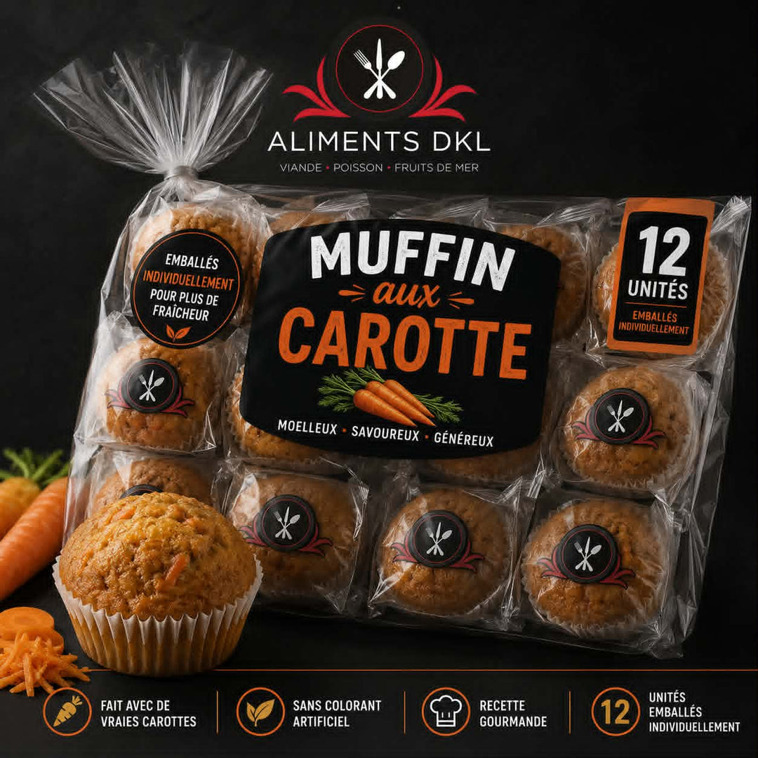 Muffins aux carottes Aliments DKL en sac de 12 unités emballées individuellement. Muffins moelleux préparés avec de vraies carottes, parfaits pour les collations, les lunchs et les déjeuners, avec livraison partout au Québec.
