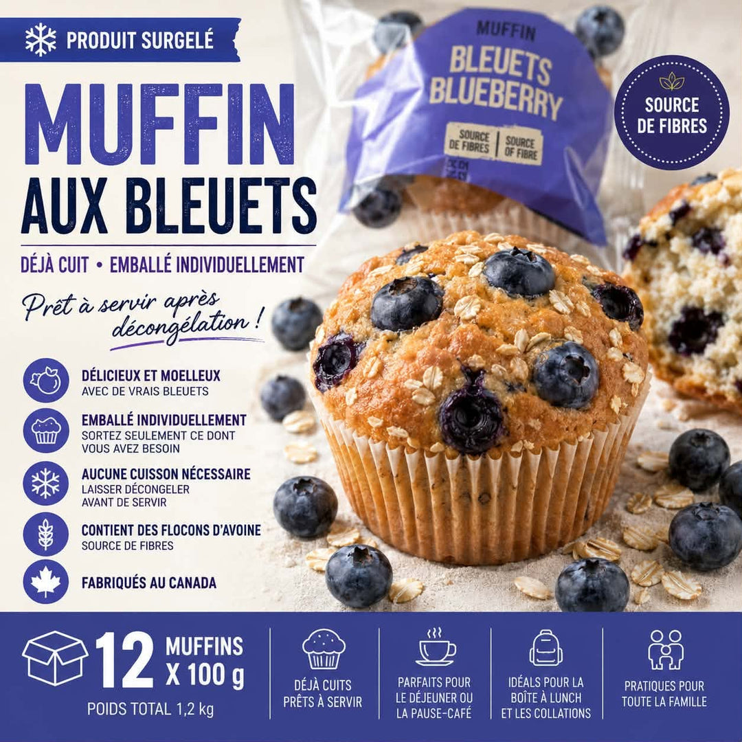 Muffins aux bleuets surgelés emballés individuellement, format 12 x 100 g, avec bleuets et flocons d’avoine, Aliments DKL.