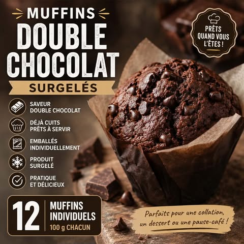 Muffins double chocolat surgelés emballés individuellement, format 12 x 100 g, Aliments DKL.