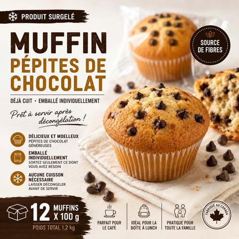 Muffins aux pépites de chocolat surgelés emballés individuellement, format 12 x 100 g, Aliments DKL.