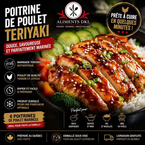 Poitrine de poulet teriyaki Aliments DKL, marinée dans une sauce teriyaki sucrée-salée, servie avec riz et légumes, idéale pour le BBQ, la poêle ou le four.