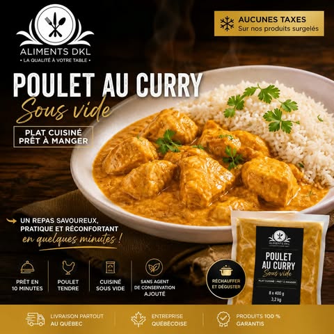 Poulet au curry sous vide Aliments DKL, plat cuisiné prêt à manger avec riz, emballé en format de 8 x 400 g, livré surgelé partout au Québec.