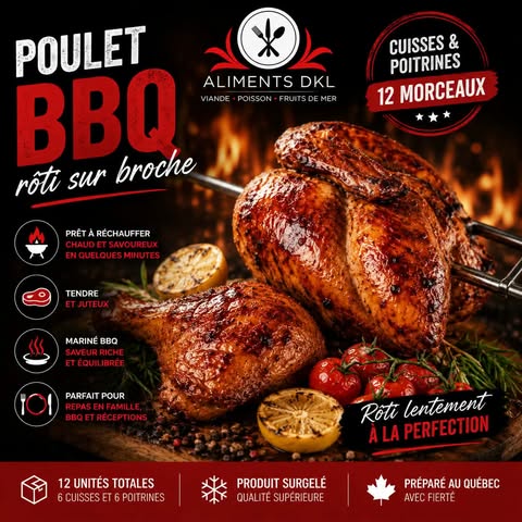 Poulet BBQ rôti sur broche Aliments DKL comprenant 6 cuisses et 6 poitrines déjà cuites, prêtes à réchauffer au four, au BBQ ou à l'Air Fryer.