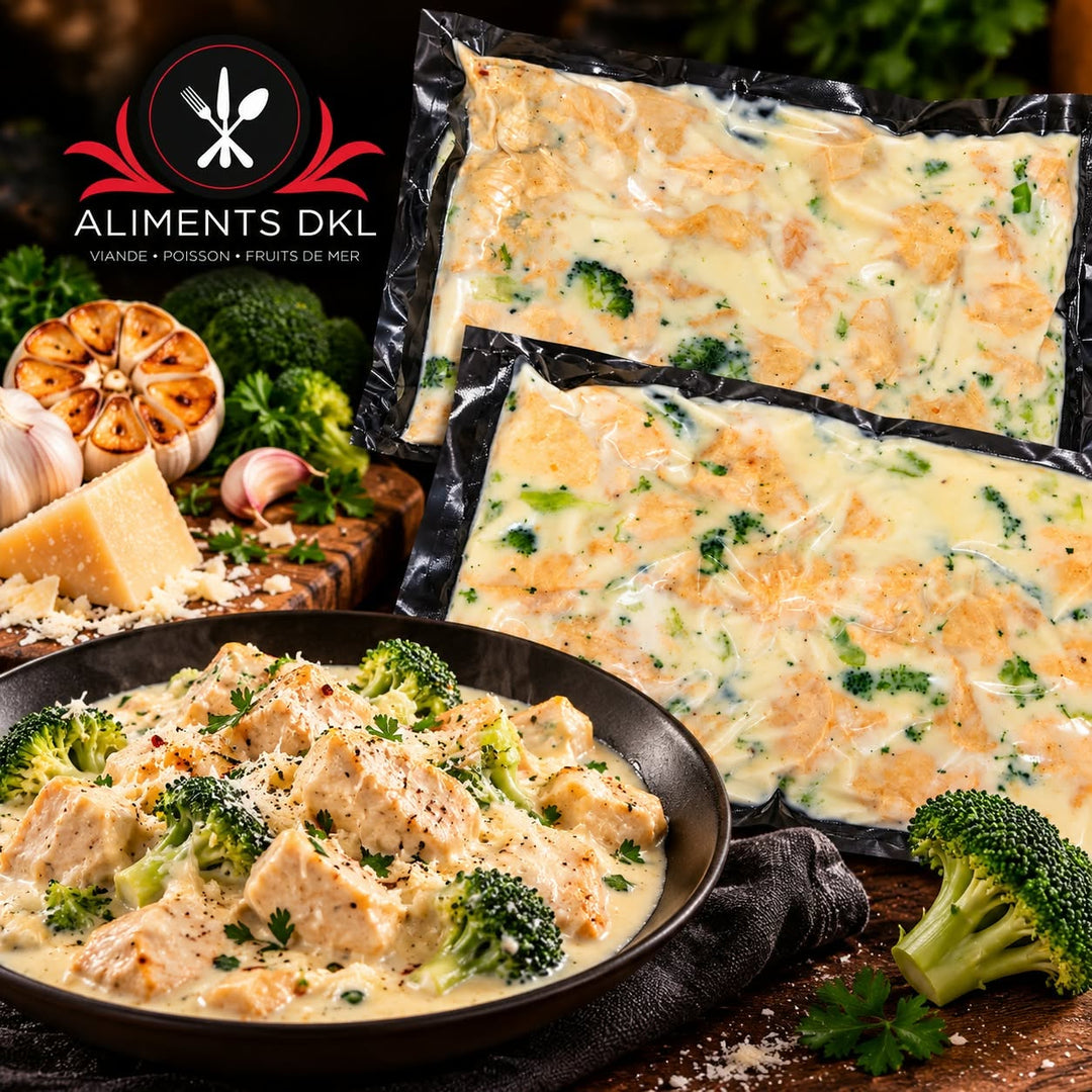 Poulet cuit à l’ail rôti et parmesan surgelé Aliments DKL, avec brocoli, format 6 × 500 g, 3 kg au total.
