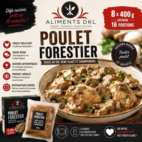 Poulet forestier surgelé déjà cuit avec sauce au vin, demi-glace et champignons, format 8 x 400 g, Aliments DKL.
