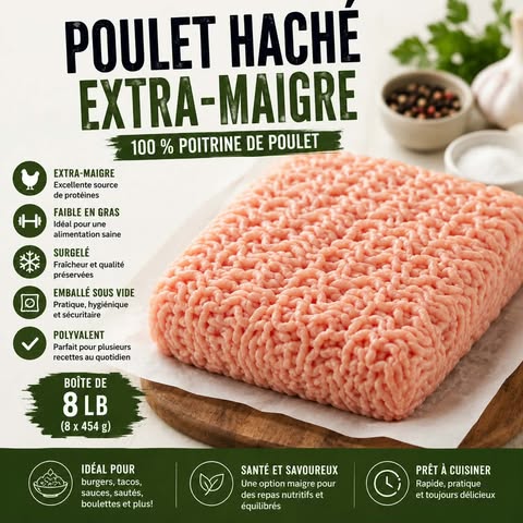 Poulet haché extra-maigre surgelé, 100 % poitrine de poulet, format 8 x 454 g, Aliments DKL.