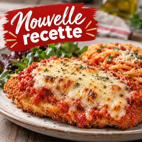 Poulet parmigiana pané et croustillant, garni de sauce tomate et de fromage gratiné, servi avec des pâtes et une salade. Visuel Nouvelle recette d’Aliments DKL.