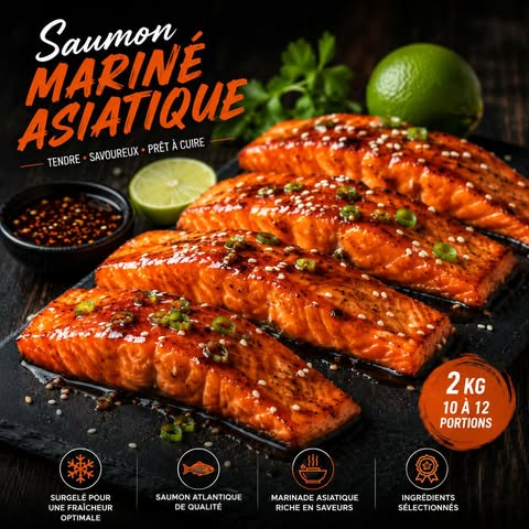 Filets de saumon Atlantique marinés à l'asiatique garnis de graines de sésame, format 2 kg, surgelés, offerts par Aliments DKL avec livraison partout au Québec.

