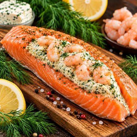 Filet de saumon farci aux crevettes nordiques, fromage crémeux et aneth, surgelé et livré partout au Québec