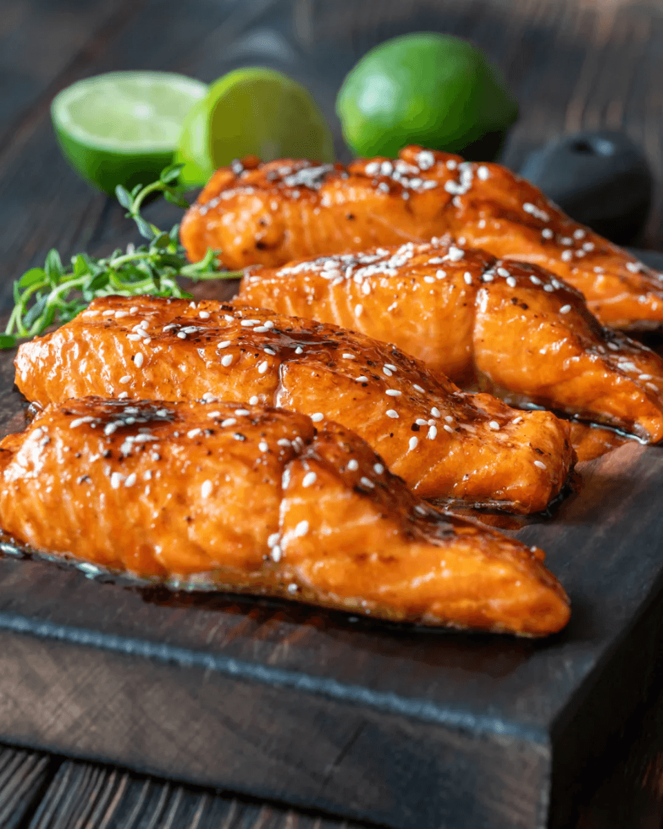 “Saumon mariné asiatique – Filets de saumon sans peau marinés dans une sauce aux saveurs asiatiques, avec soja, gingembre, ail et sésame. 

Présenté avec des graines de sésame et des oignons verts, prêt à cuire au four, à la poêle, au BBQ ou à l’air fryer. Produit surgelé en boîte de 2 kg (10-12 portions), disponible sur Aliments DKL