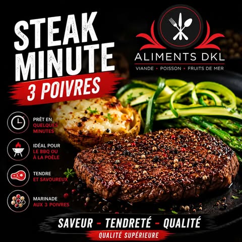 Steak minute 3 poivres Aliments DKL grillé, servi avec pomme de terre gratinée et légumes verts, prêt en quelques minutes, idéal pour le BBQ ou la cuisson à la poêle.