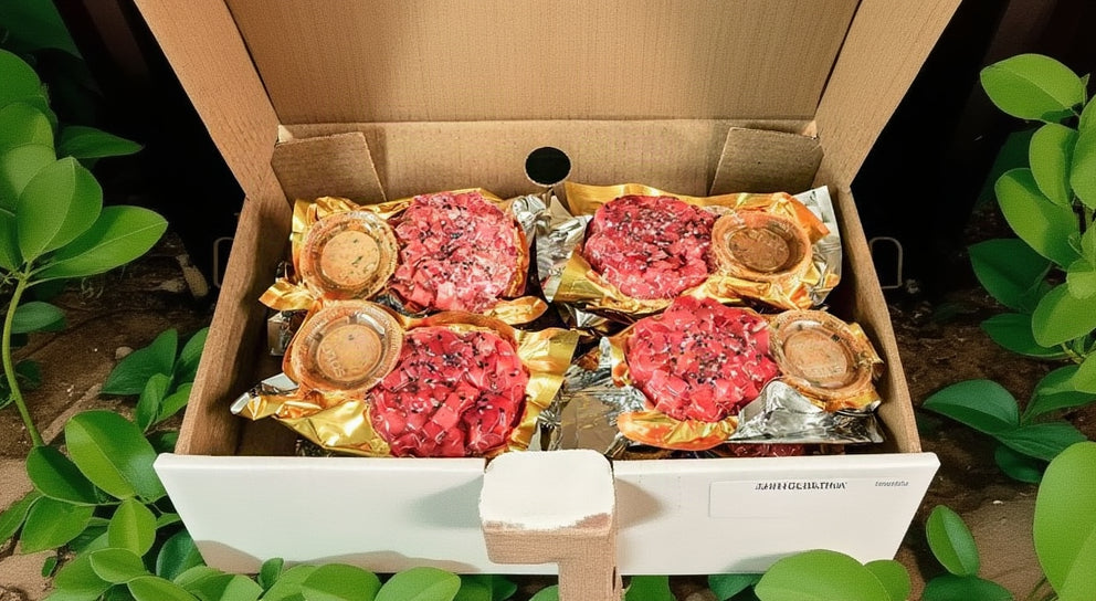 Portion de 140 g de tartare de thon au sésame dans son emballage sous vide.
