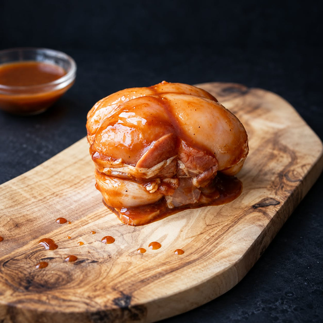 Tournedos de poitrine de poulet cru enrobé de bacon et nappé de sauce au whisky, présenté sur une planche en bois.
