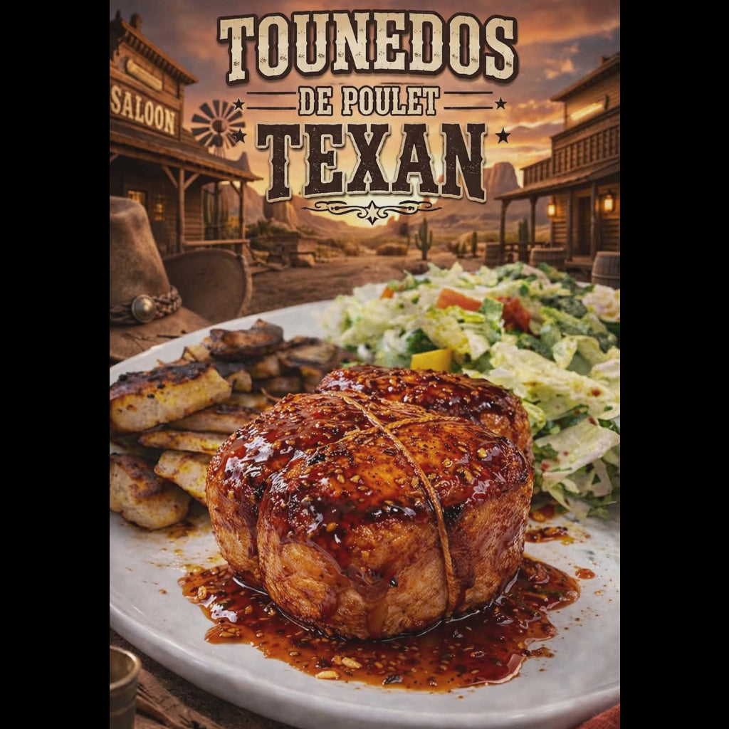 Tournedos texan de poulet surgelé Aliments DKL, enrobé d'un assaisonnement texan relevé, prêt à cuire et offert avec livraison partout au Québec.