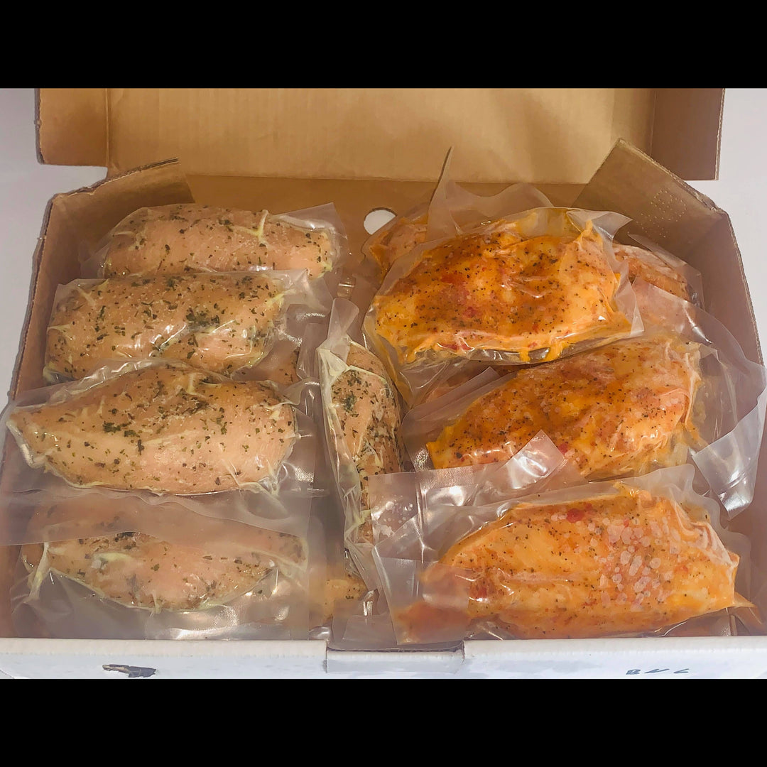 Poitrines de poulet assaisonnées fines herbes et tomates basilic en boîte de 3 kg – Aliments DKL Québec