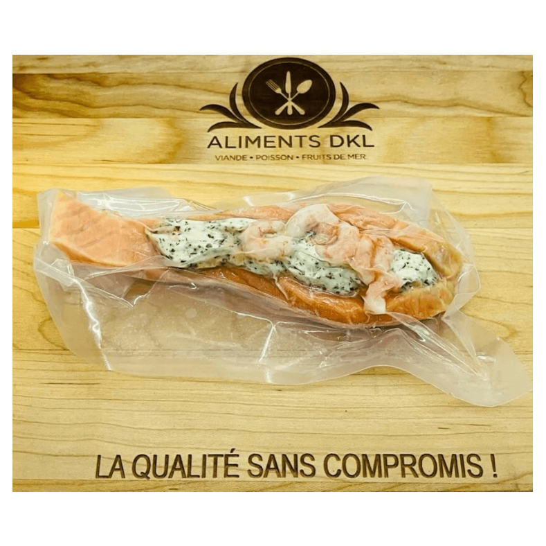 Filet de saumon farci aux crevettes nordiques, fromage crémeux et aneth, surgelé et livré partout au Québec